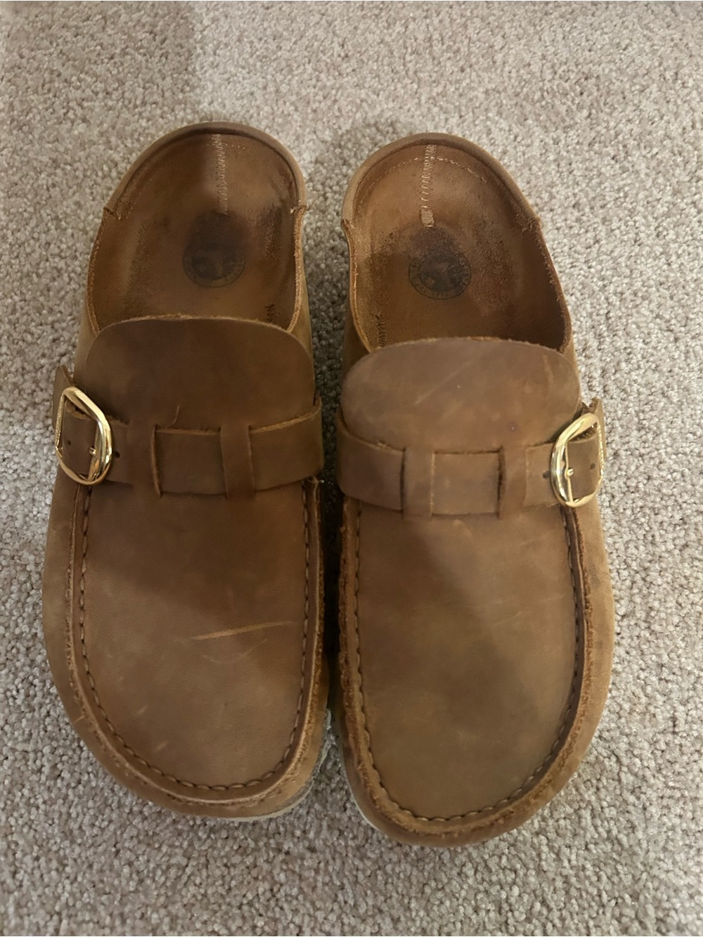 Birkenstock Women's Brown Leather Mule Clogs with Gold Buckle